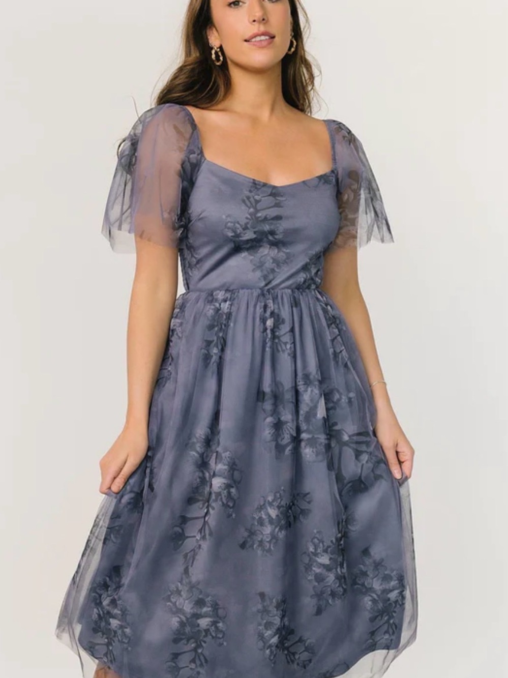 Baltic Born Gwyneth Floral Fit & Flare Tulle Midi Dress Slate Blue Large